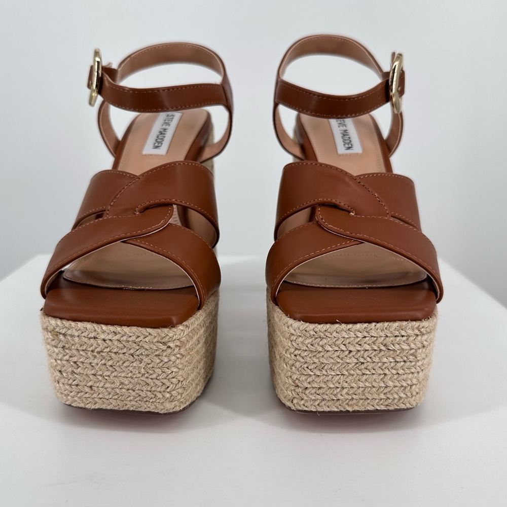 Steve Madden Matter Heeled Platform Sandals in Cognac size 10 New Ankle Strap - Picture 3 of 10